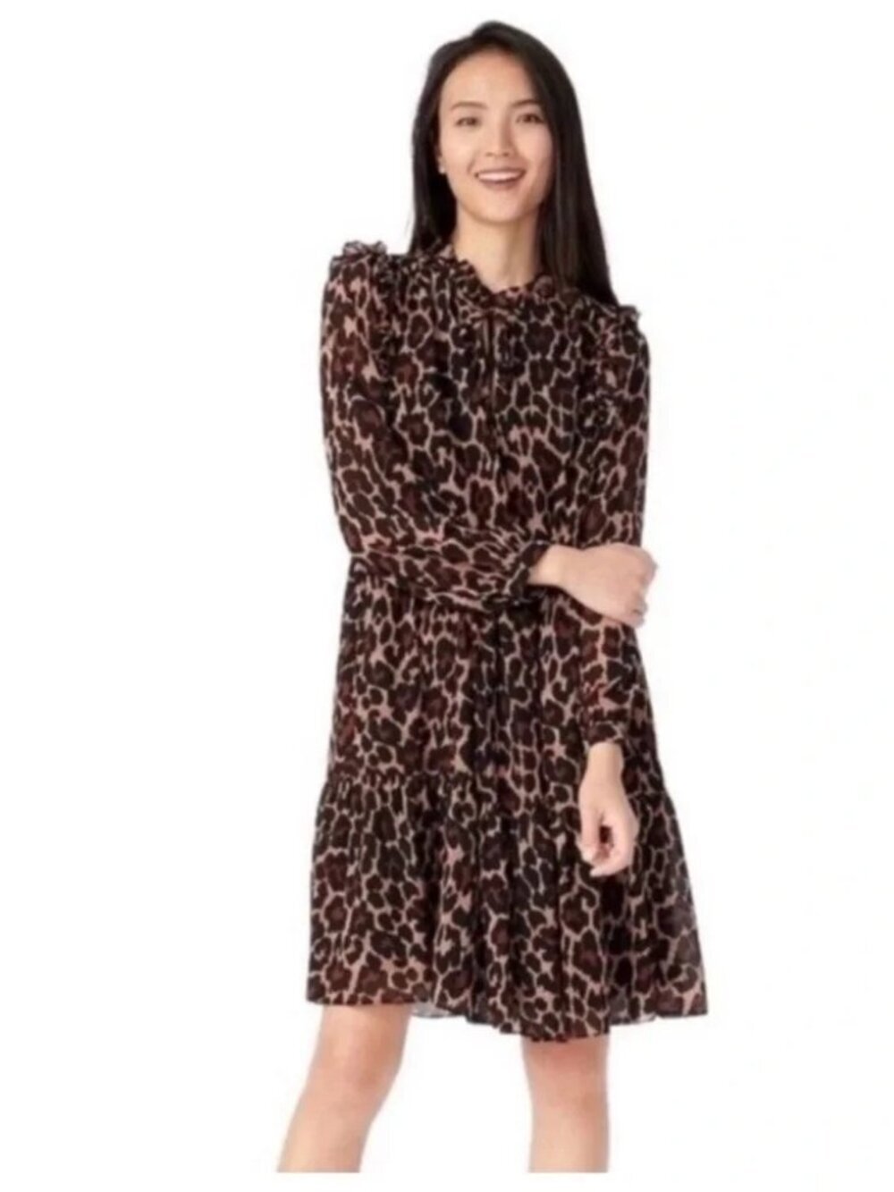 J. Crew Tie-neck Tiered Dress in Leopard Crinkle Chiffon Large #A3021